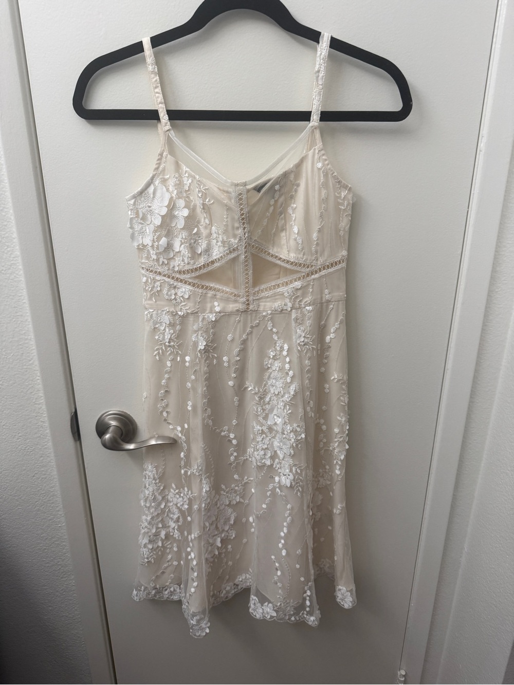 Delicate Ivory Embroidered Midi Dress with Spaghetti Straps